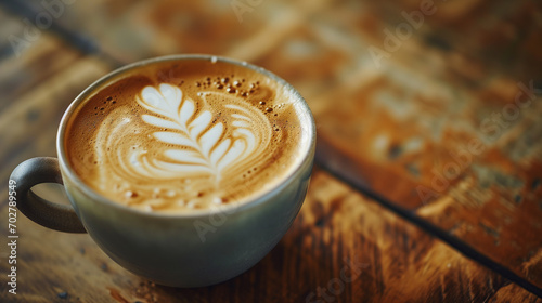 close up shot of coffee cup with latte art and cinnamon. minimalist background with copy space and selective focus. 