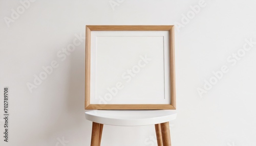 square wooden frame with poster mockup standing on the white chair 3d rendering