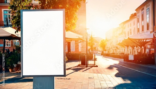 blank white advertising banner about restaurant entrance on sunset city street background mockup photo