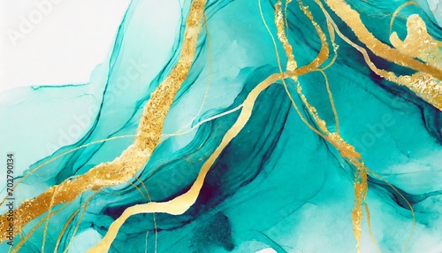 turqoise and teal alcohol ink background golden paths accent original texture with minimal modern design curved marble texture soft shapes hand drawn painted art unique wallpaper for print photo