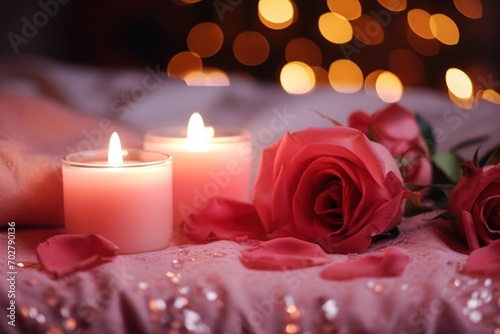  a couple of roses sitting on top of a bed next to a couple of candles on top of a bed.