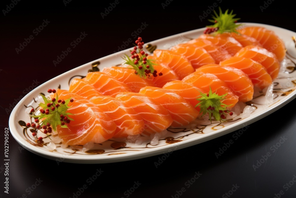 a plate of sushi with garnishes and garnish garnishes on the side. a plate of sushi with garnishes and garnish garnishes on the side.