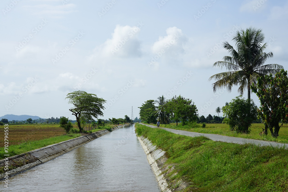 Rice field irrigation channels and village roads Rice field irrigation channels and village roads
