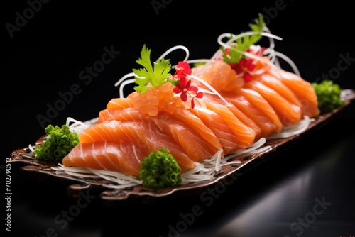  a close up of a plate of food with salmon and broccoli on a black table with a black background.