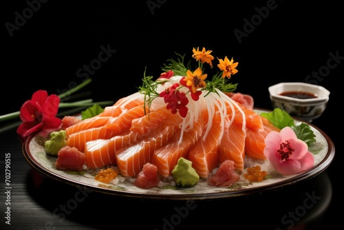  a plate of sashimi on a table with a bowl of dipping sauce and a flower arrangement on the side.