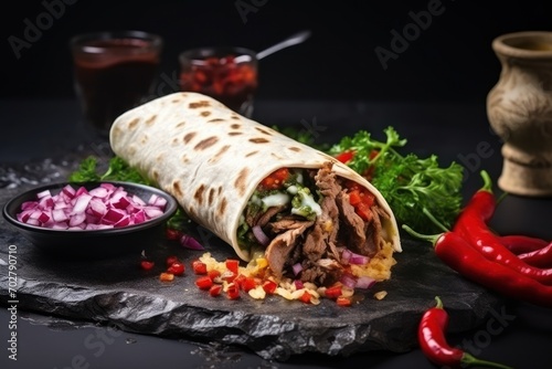  a burrito filled with meat and vegetables next to a bowl of red onions and a cup of ketchup.