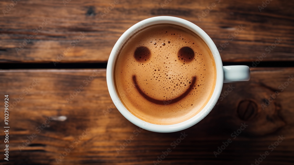 Cup of coffee with foam and smile, top view. cofee bean, on wooden background Cup of coffee with foam and smile, top view. cofee bean, on wooden background
