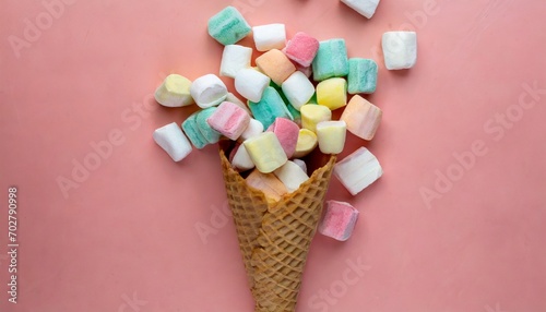 marshmallow candy colorful assortment in an ice cream cone on a pink background viewed from above gummy candy variation top view