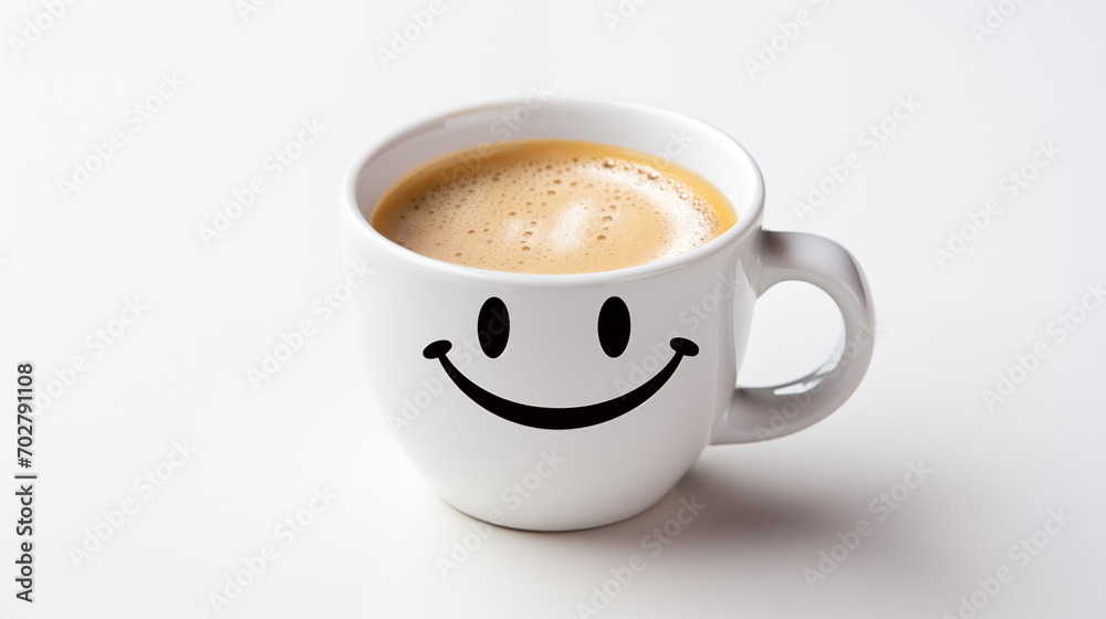 Cup of coffee with foam and smile, top view. cofee bean, on white background Cup of coffee with foam and smile, top view. cofee bean, on white background