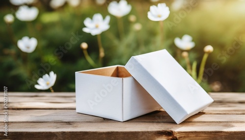 open cardboard gift box mockup with white wrapping paper on wooden table outdoors
