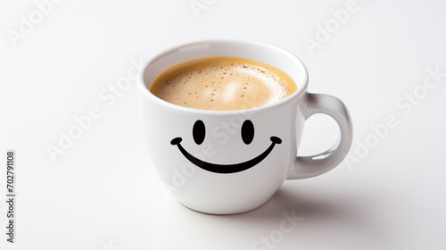 Cup of coffee with foam and smile  top view. cofee bean  on white background