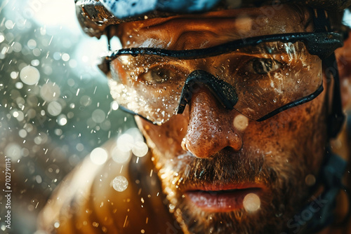 Close-up of a cyclist s intense focus and determination during a challenging uphill climb  with sweat and effort visible on their face.