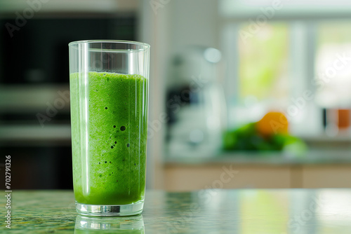 Healthy green smoothie in glass on the table in the kitchen