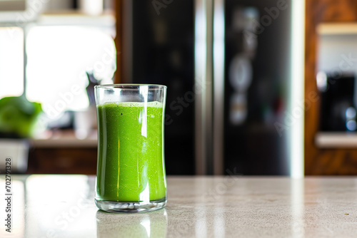 Healthy green smoothie in glass on the table in the kitchen