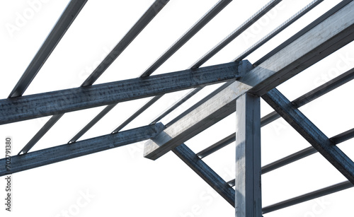 Steel beam structure roof building site isolated on white background, Modern metal structure house
