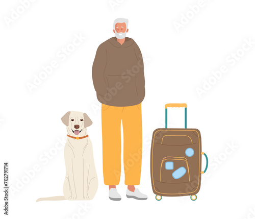 Smiling elderly man with suitcase and dog. Elderly man Traveling with Luggage. Senior Tourist Male Character wearing casual clothes with his pet. Colored flat vector illustration isolated on white