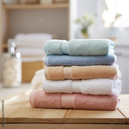 Stack of pastel colored folded towels on wooden table in bathroom.