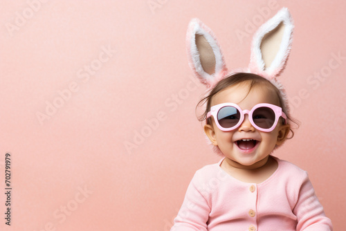 Horizontal banner of happy smiling young toddler girl with cute bunny rabbit ears on studio pink background. Empty space place for text, copy paste