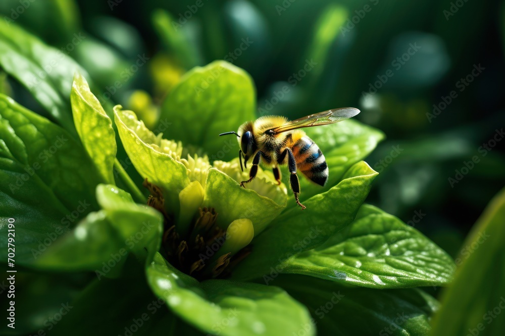 a close up of a bee on a green leafy plant with drops of water on it's petals. a close up of a bee on a green leafy plant with drops of water on it's petals.