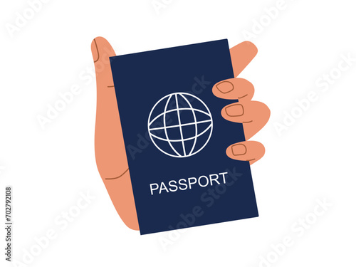 Human hand holding blue passport isolated on white. Blue passport in hand. Flat vector illustration For media tourism ads design. International identification document for travel. Holiday travel.