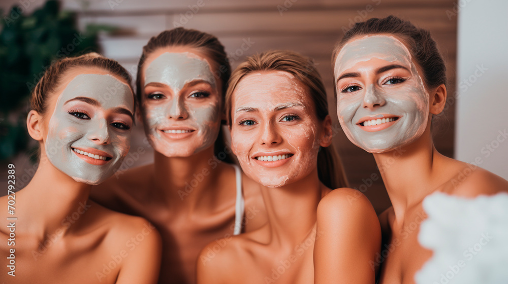 Fototapeta premium Women friends wearing spa facial masks. Selective focus.