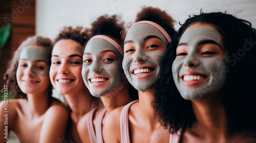 Women friends wearing spa facial masks. Selective focus.