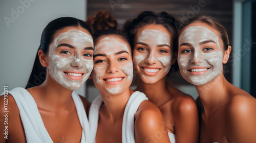 Women friends wearing spa facial masks. Selective focus.