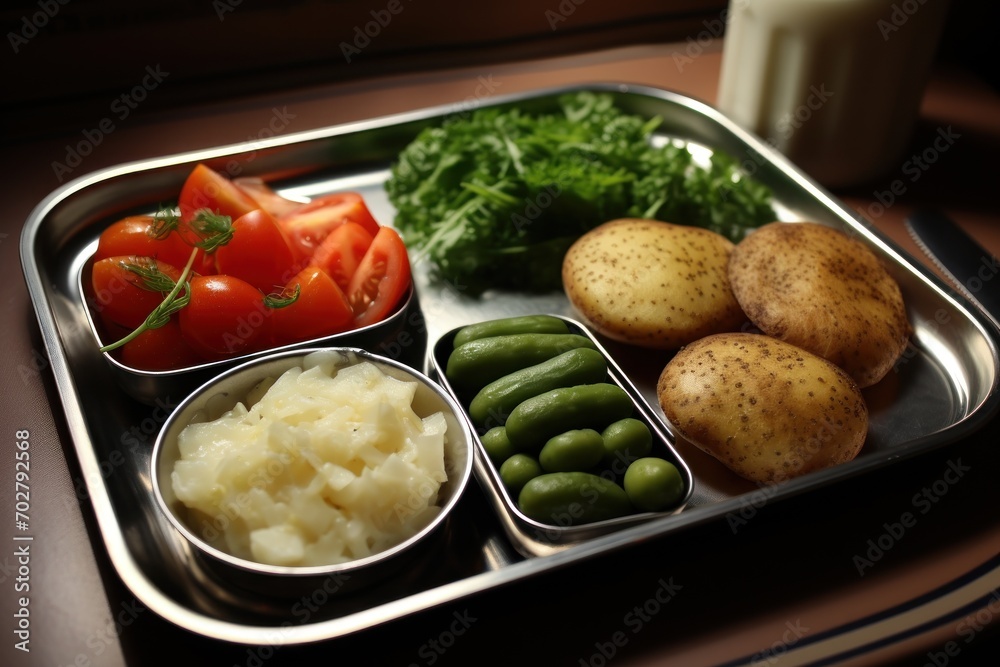 a close up of a tray of food with potatoes, carrots, broccoli, tomatoes and other vegetables. a close up of a tray of food with potatoes, carrots, broccoli, tomatoes and other vegetables.