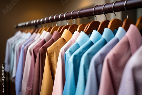 Mens shirts on hangers in a dressing room, clean and ironed