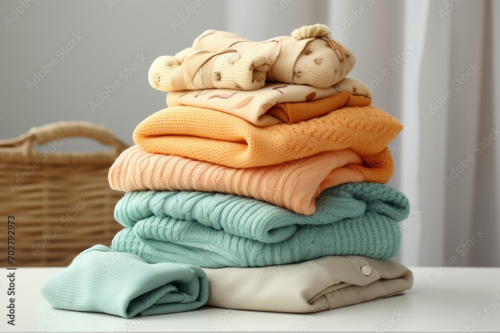  a stack of folded sweaters sitting on top of a table next to a basket of folded sweaters on top of a table.