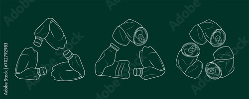 Bundle set recycle, reuse, renew icon made from white outline used bottle and soft drink can shape in triangle, for ecology, recycle, green symbol