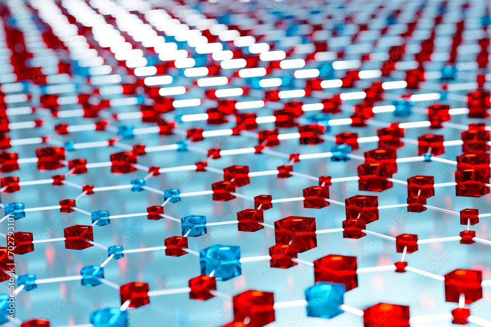Obraz premium Abstract polygon or plexus network, blue and red cubes.. Science, conectoins, wire, futuristic, system and digital, shapes, geometry. 3D illustration