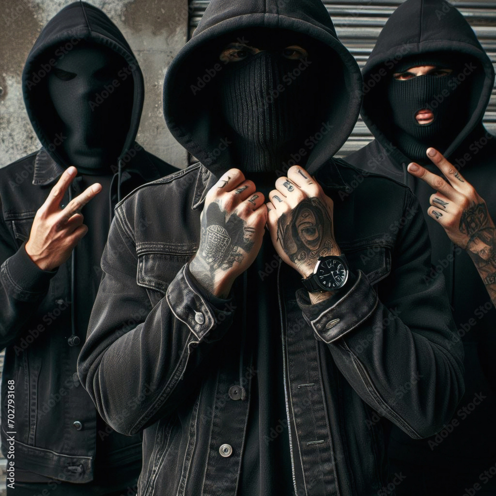 Gang members with guns, doing gang signs, wearing ski masks, balaclavas