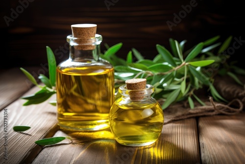  a couple of bottles of olive oil sitting on top of a wooden table next to a sprig of leaves.