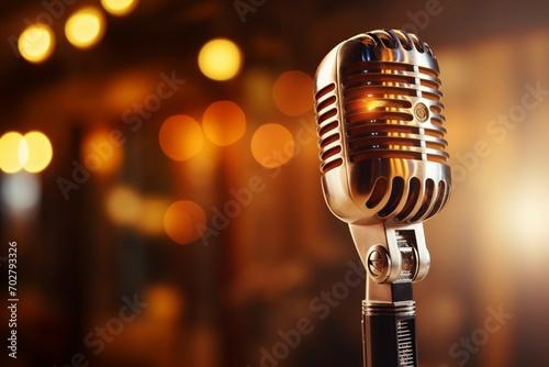 Retro microphone on stage with bokeh background, music concept