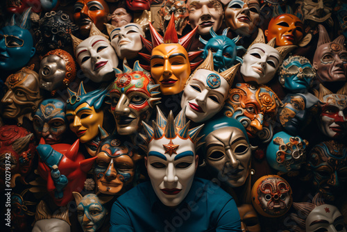 A man wearing a mask surrounded by other masks, personality disorder concept, deceit, being a conman 