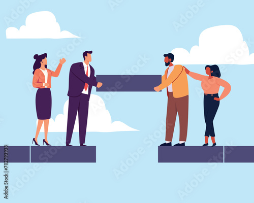 Build business bridge connect path together, solution or teamwork idea, cooperation or collaboration to success together concept