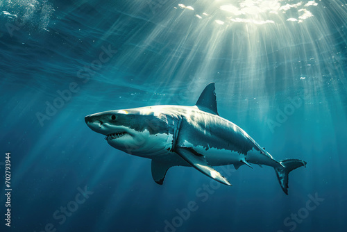 A great white shark gliding majestically through the clear blue depths of the ocean