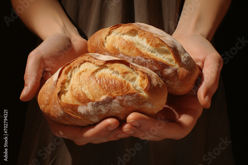 Fresh bread roles held in hands close-up