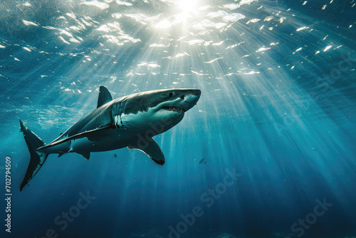 A great white shark gliding majestically through the clear blue depths of the ocean © Venka