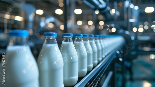 Dairy Production Line with Bottled Milk. Generative ai photo