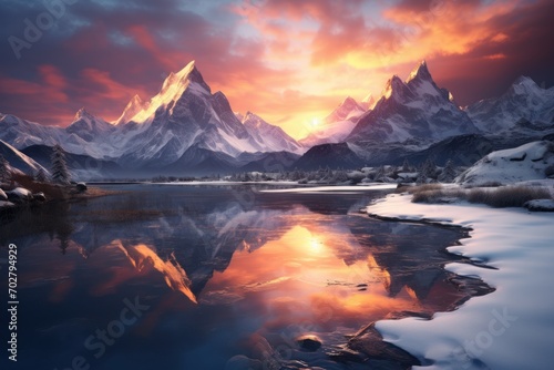  a snow covered mountain range with a lake in the foreground and a sunset in the middle of the picture.