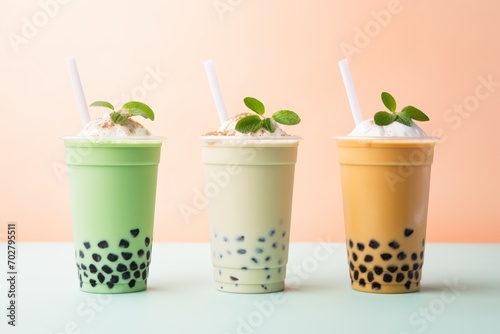  a group of three drinks sitting next to each other on top of a table with straws and sprouts on top of them. © Shanti