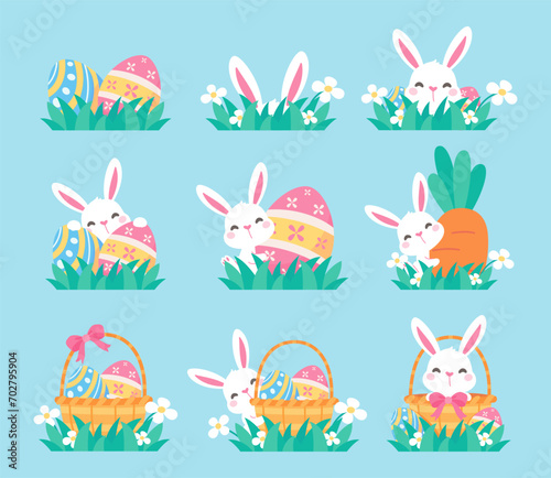 A cartoon bunny hiding behind colorfully decorated Easter eggs during the Easter Egg Festival.