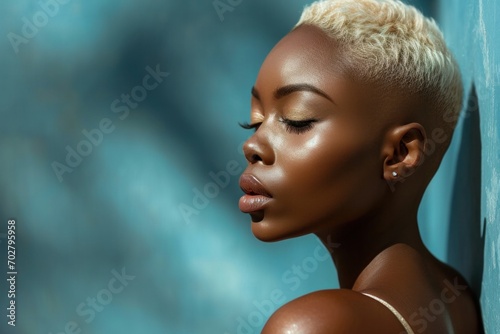 A full body black stunning woman with short cut hairstyle, her hair color is blonde,