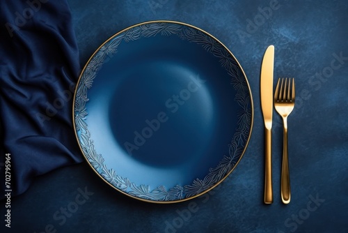  a blue plate with a gold rim next to a fork and knife on a blue table cloth with a blue background.