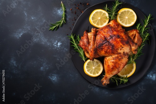  a whole chicken on a plate with lemons and rosemary garnish on a black plate with a knife and fork.
