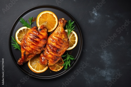 a black plate topped with chicken covered in orange slices and garnished with green leafy garnish.