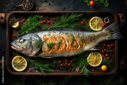  a fish sitting on top of a tray next to lemons and other food on top of a wooden table.