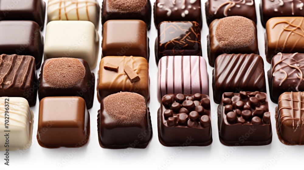 Fototapeta premium A collection of assorted chocolates, each with a glossy finish, isolated on white.